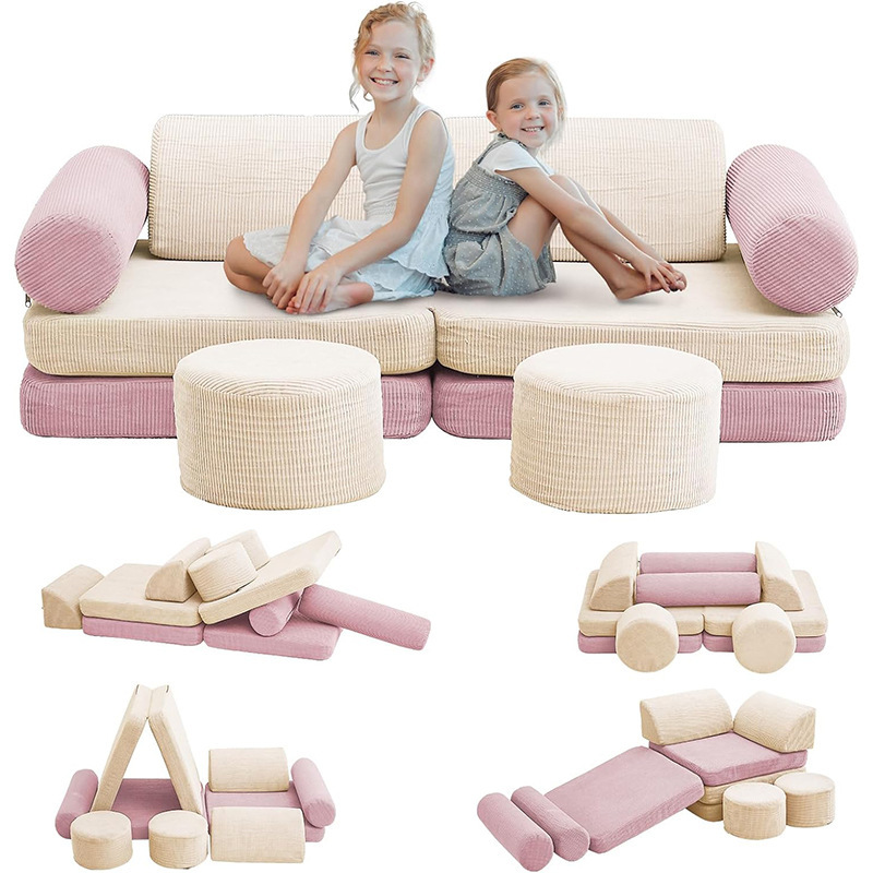 Factory Direct 10PCS Kids Modular Play Couch, OEM Toddler Climbing Foam Sofa with Removable Corduroy Cover