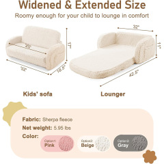Custom Kids 2-in-1 Convertible Sofa & Lounger, Sherpa Fleece Foldable Toddler Couch, Washable Floor Chair for Reading, Napping & Play