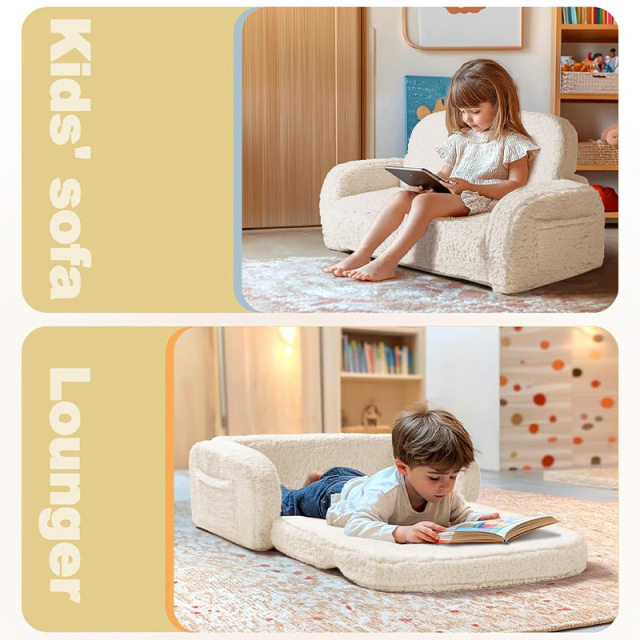 Custom Kids 2-in-1 Convertible Sofa & Lounger, Sherpa Fleece Foldable Toddler Couch, Washable Floor Chair for Reading, Napping & Play