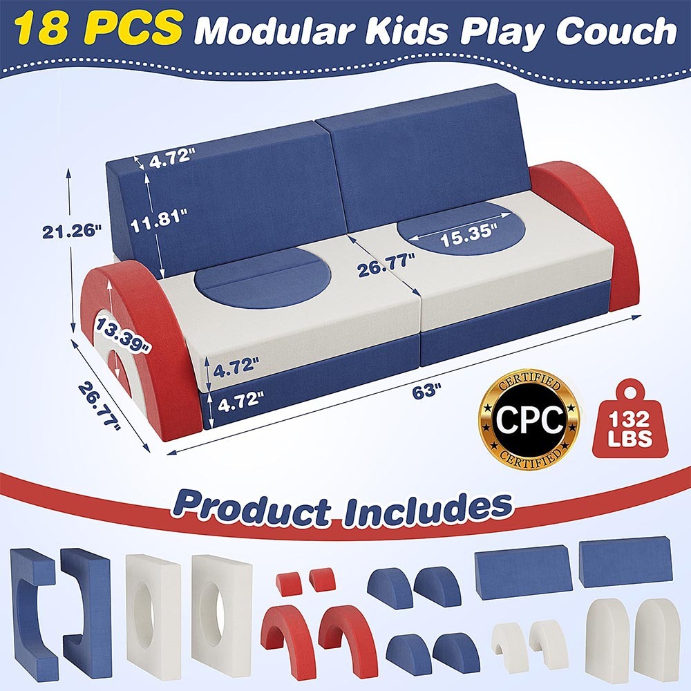 Custom Modular Kids Play Sofa, 18Pcs Buildable Foam Block Couch, Compression Pack DIY Children Building Block Sofa with Washable Fabric