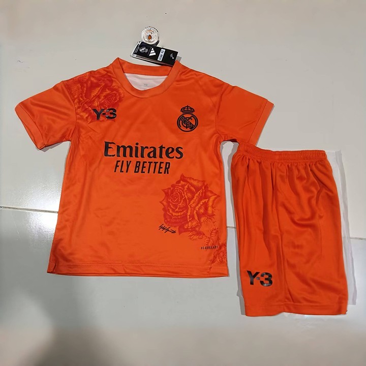 Y3 Real Madrid 24-25 Kids Kits Orange Children Sets Football Jersey