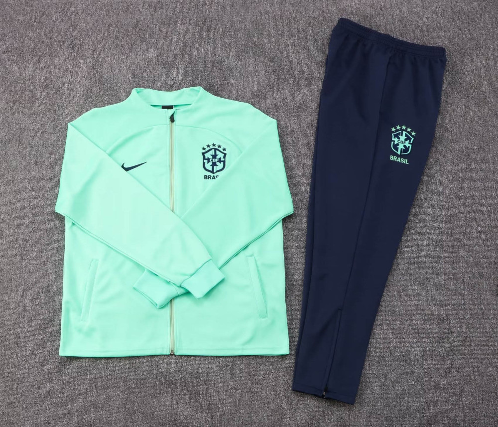 2022/2023 Brazil Long Zipped Jacket Green Soccer Jersey Set