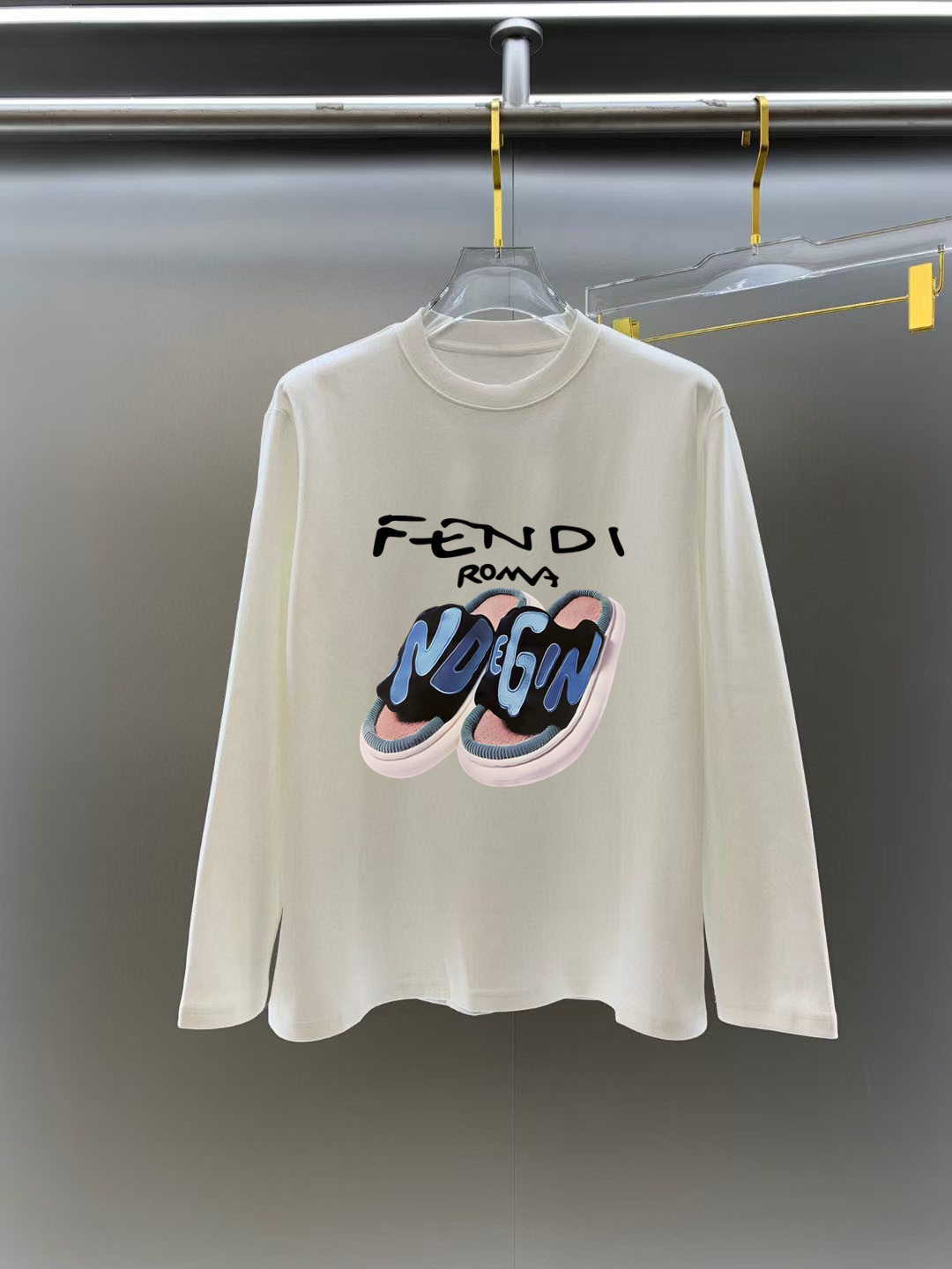 GXZ Men's Long-Sleeve White T-Shirt – Trendy Fendi-Inspired Sneaker Print