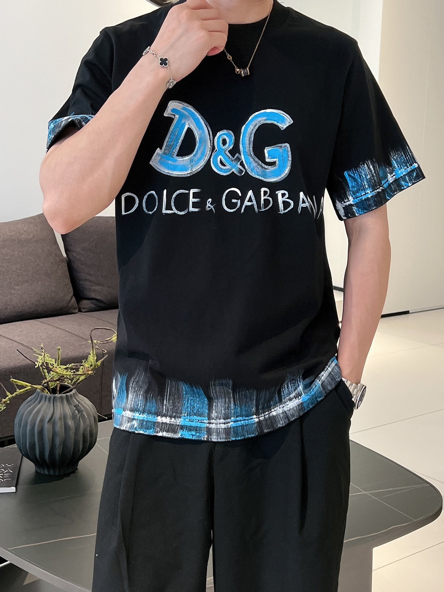 GXZ Men’s D&G-Inspired Graphic T-Shirt – Bold Black with Blue Details