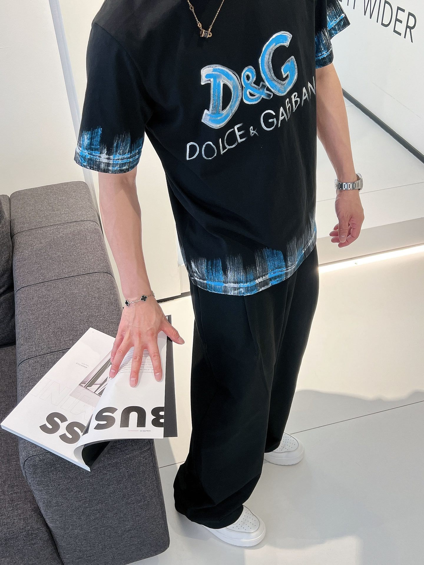 GXZ Men’s D&G-Inspired Graphic T-Shirt – Bold Black with Blue Details