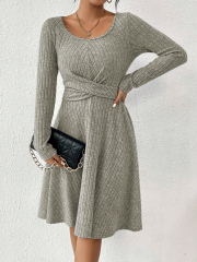 GXZ Ribbed Knit Twisted Waist A-Line Dress - Sophisticated Comfort