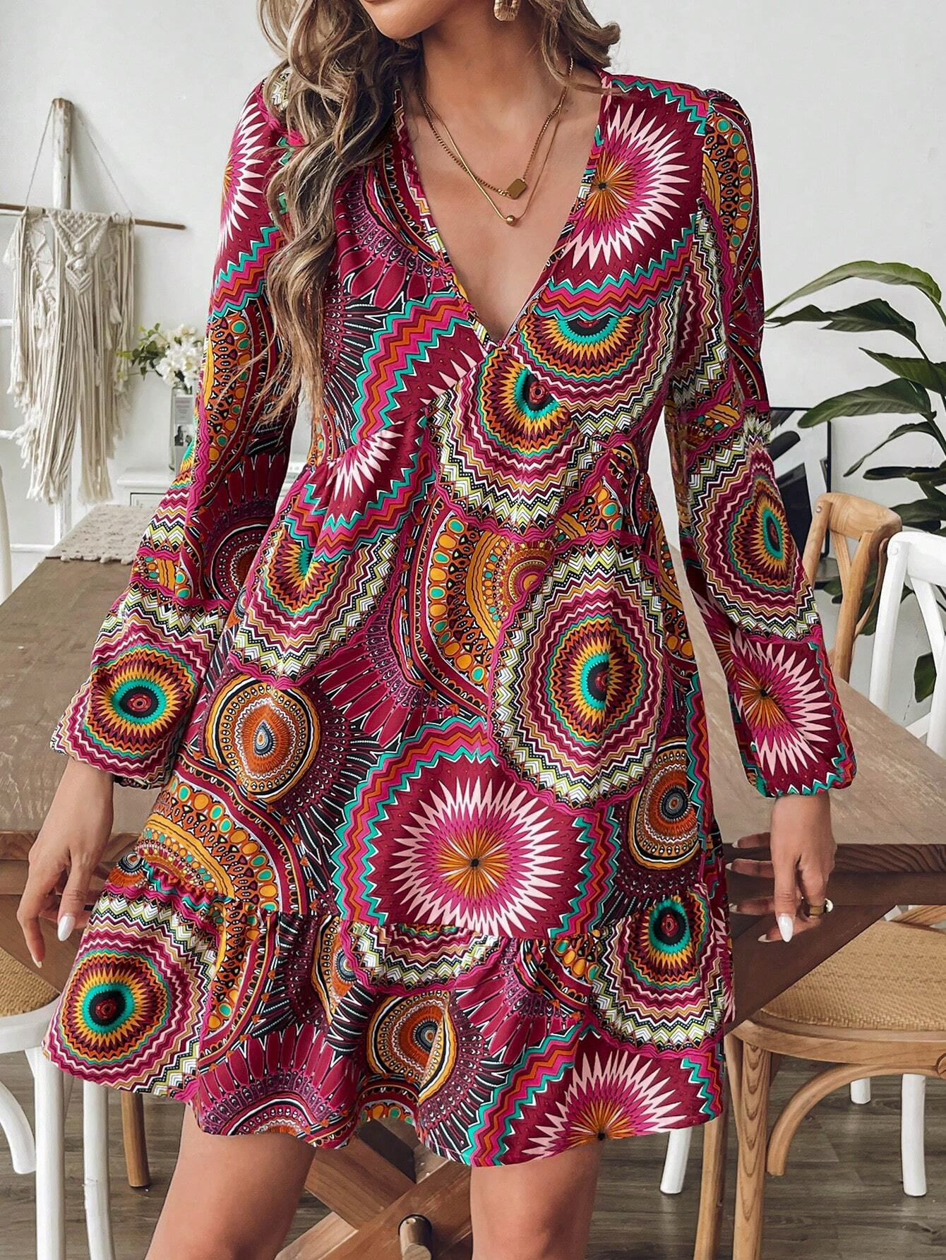 Captivating Bohemian Vibes - GXZ V-Neck Printed Long-Sleeve Dress