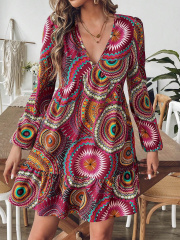 Captivating Bohemian Vibes - GXZ V-Neck Printed Long-Sleeve Dress
