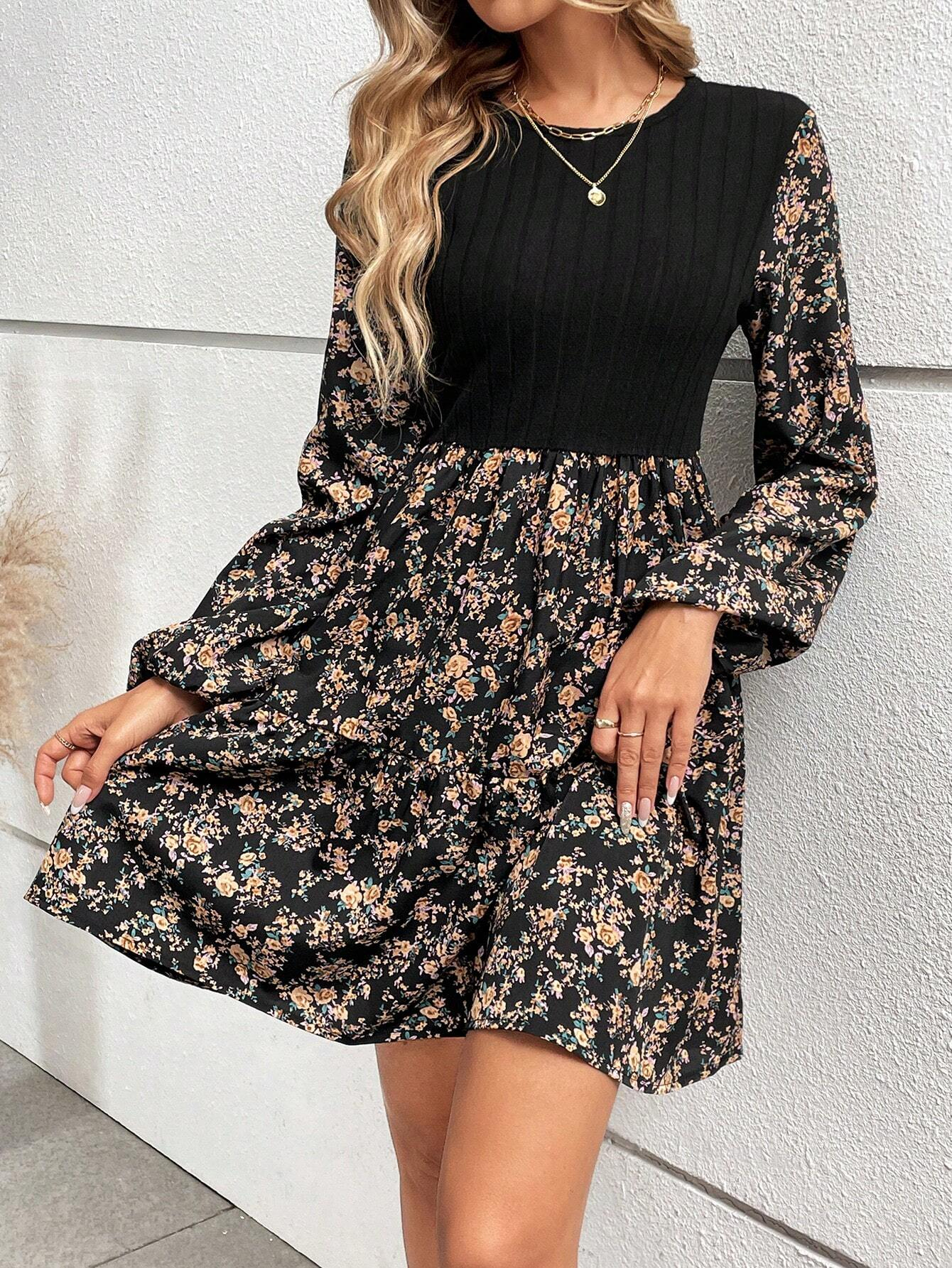 GXZ Long-Sleeve Floral Skater Dress - Effortless Elegance