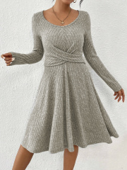GXZ Ribbed Knit Twisted Waist A-Line Dress - Sophisticated Comfort