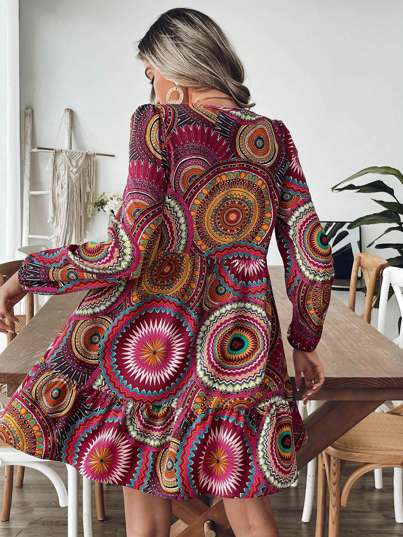 Captivating Bohemian Vibes - GXZ V-Neck Printed Long-Sleeve Dress