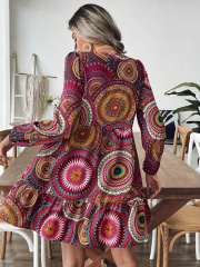Captivating Bohemian Vibes - GXZ V-Neck Printed Long-Sleeve Dress