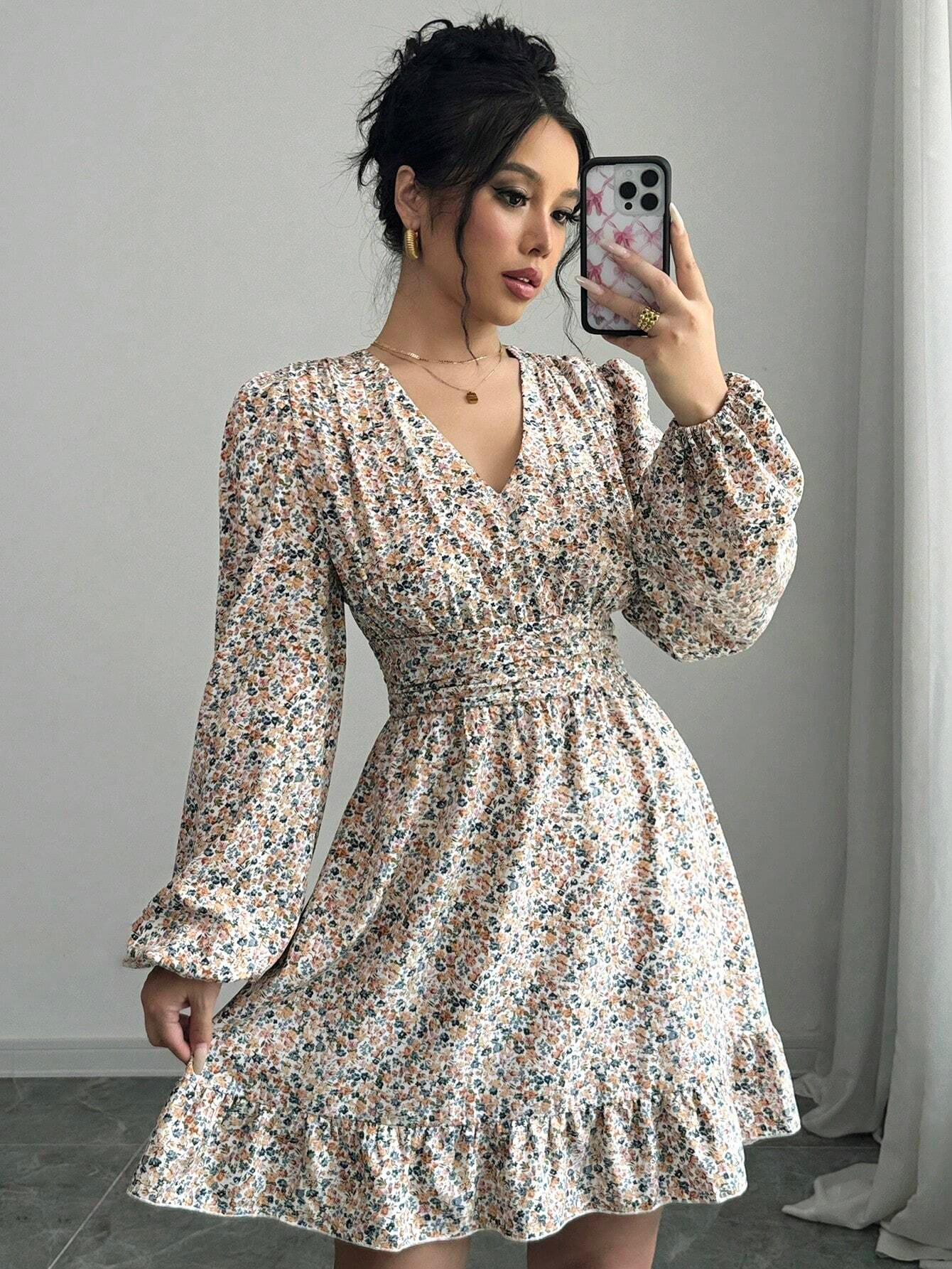 GXZ Floral Print Long-Sleeve Dress - A Must-Have for Elegant Women