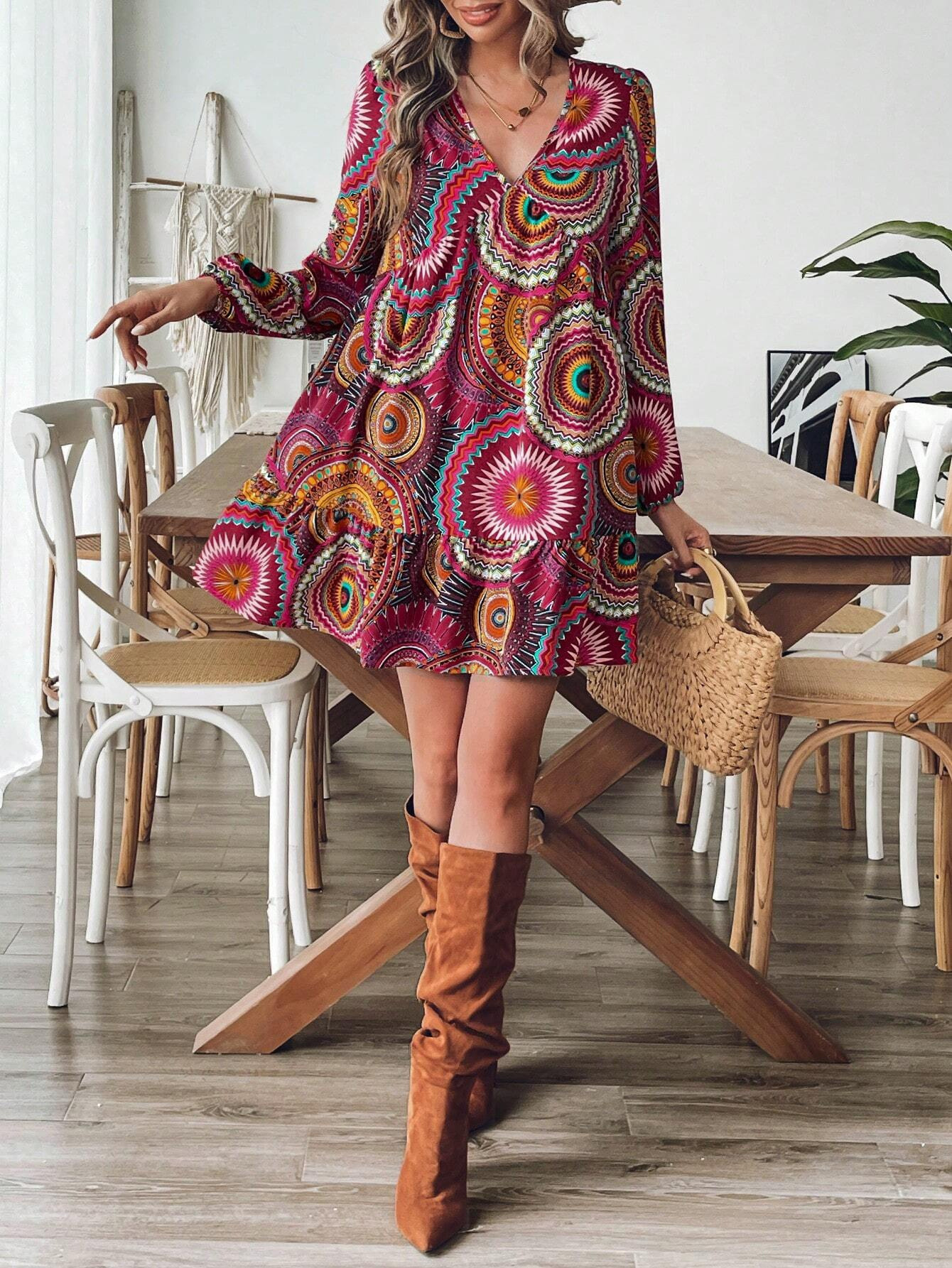 Captivating Bohemian Vibes - GXZ V-Neck Printed Long-Sleeve Dress