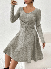 GXZ Ribbed Knit Twisted Waist A-Line Dress - Sophisticated Comfort