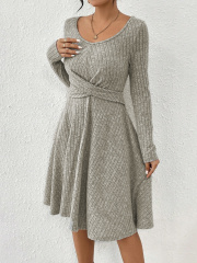 GXZ Ribbed Knit Twisted Waist A-Line Dress - Sophisticated Comfort