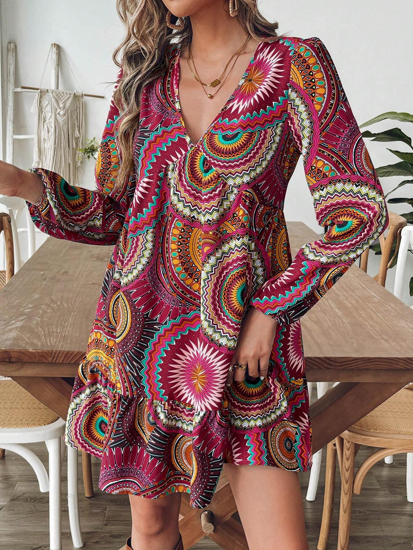 Captivating Bohemian Vibes - GXZ V-Neck Printed Long-Sleeve Dress