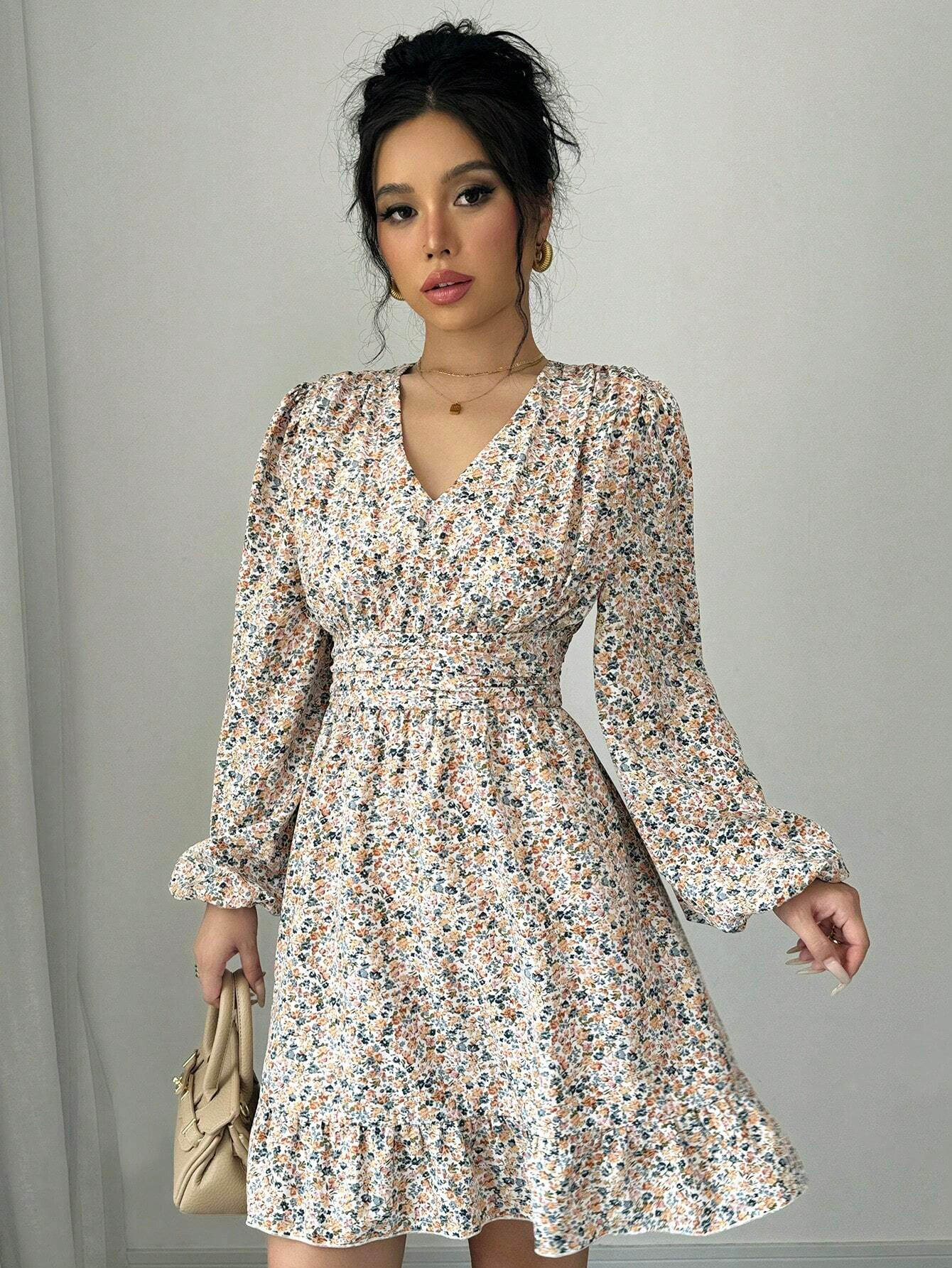 GXZ Floral Print Long-Sleeve Dress - A Must-Have for Elegant Women