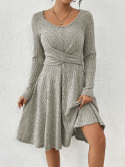 GXZ Ribbed Knit Twisted Waist A-Line Dress - Sophisticated Comfort