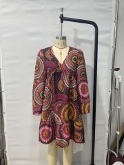 Captivating Bohemian Vibes - GXZ V-Neck Printed Long-Sleeve Dress