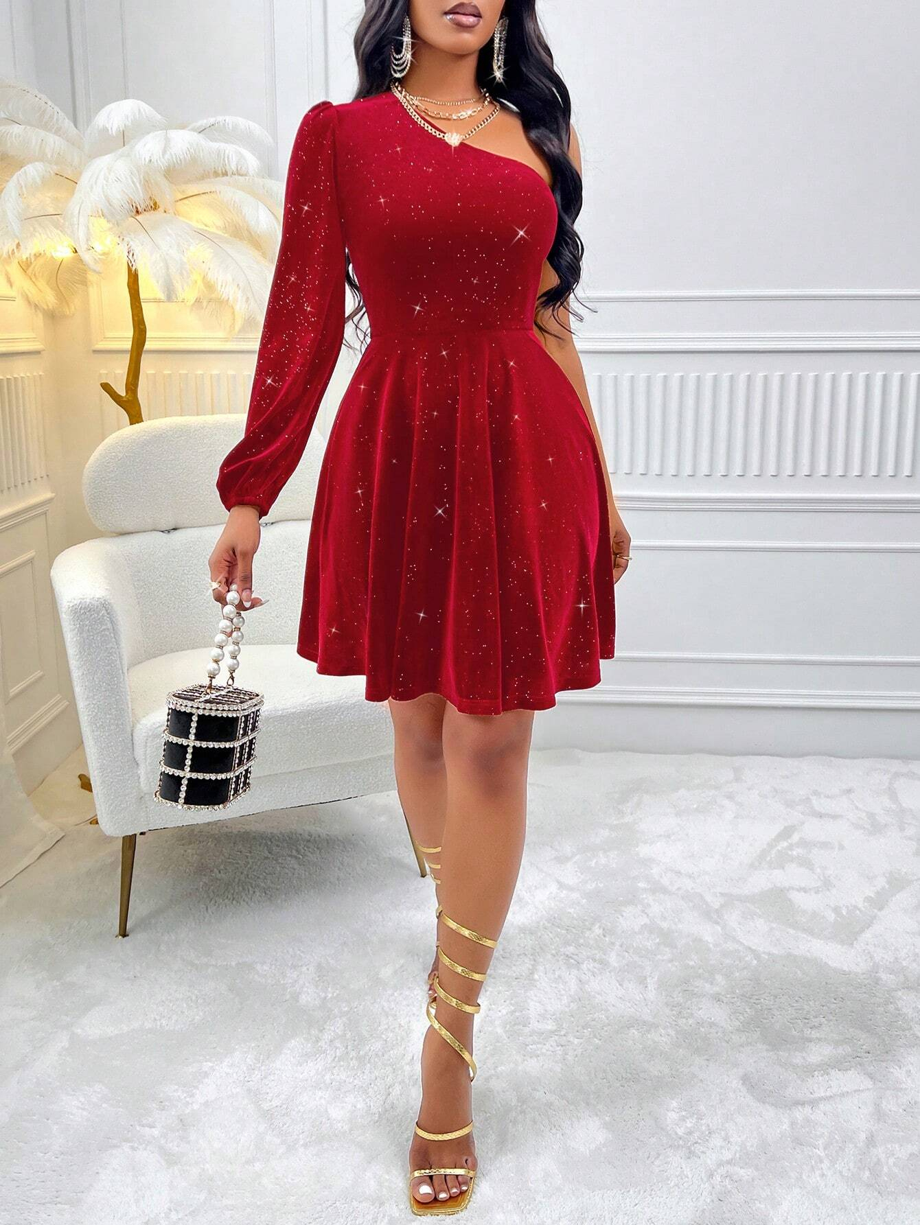 GXZ Glitter One-Shoulder Velvet Dress - A Showstopper for Evening Elegance