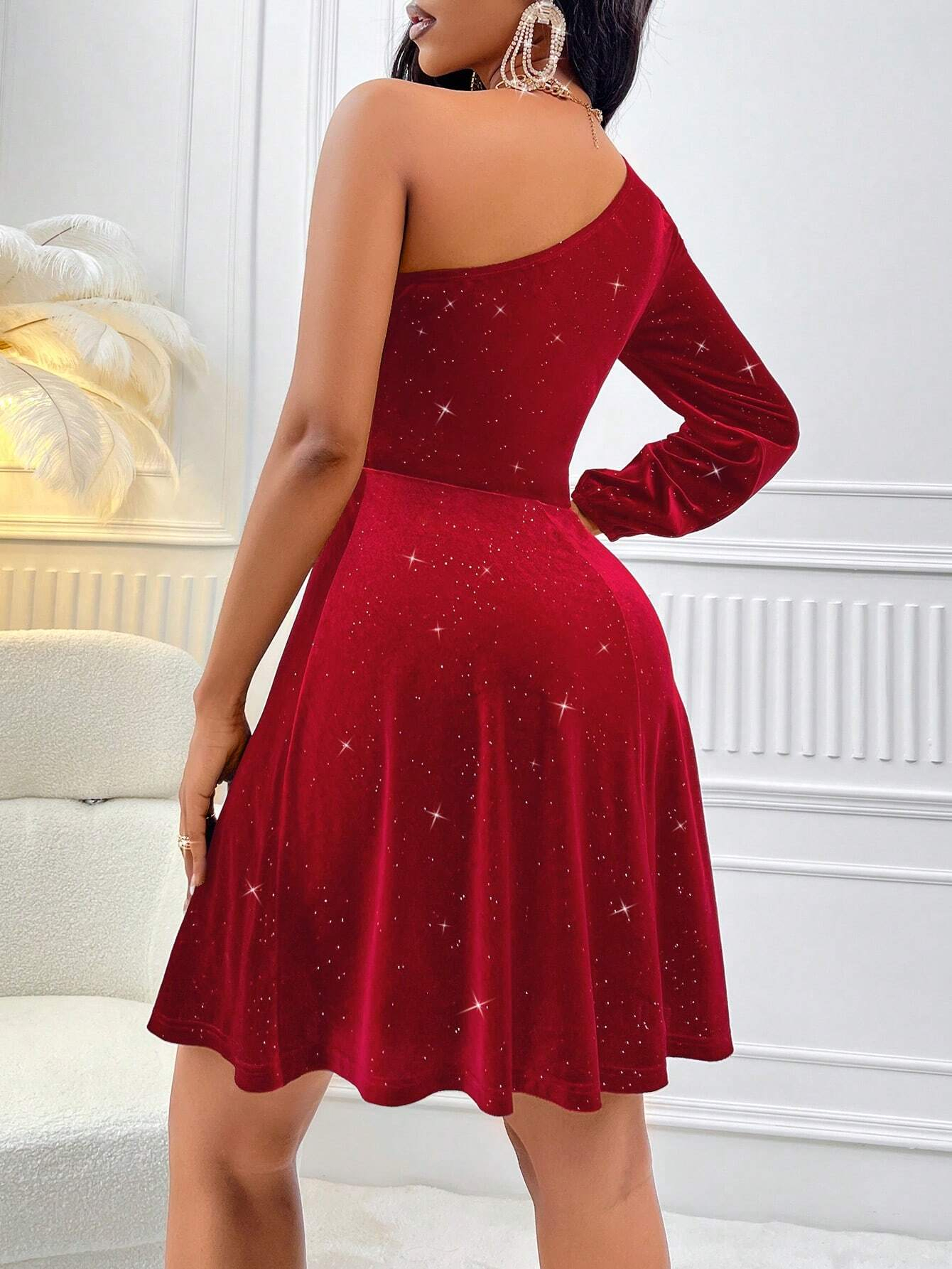 GXZ Glitter One-Shoulder Velvet Dress - A Showstopper for Evening Elegance