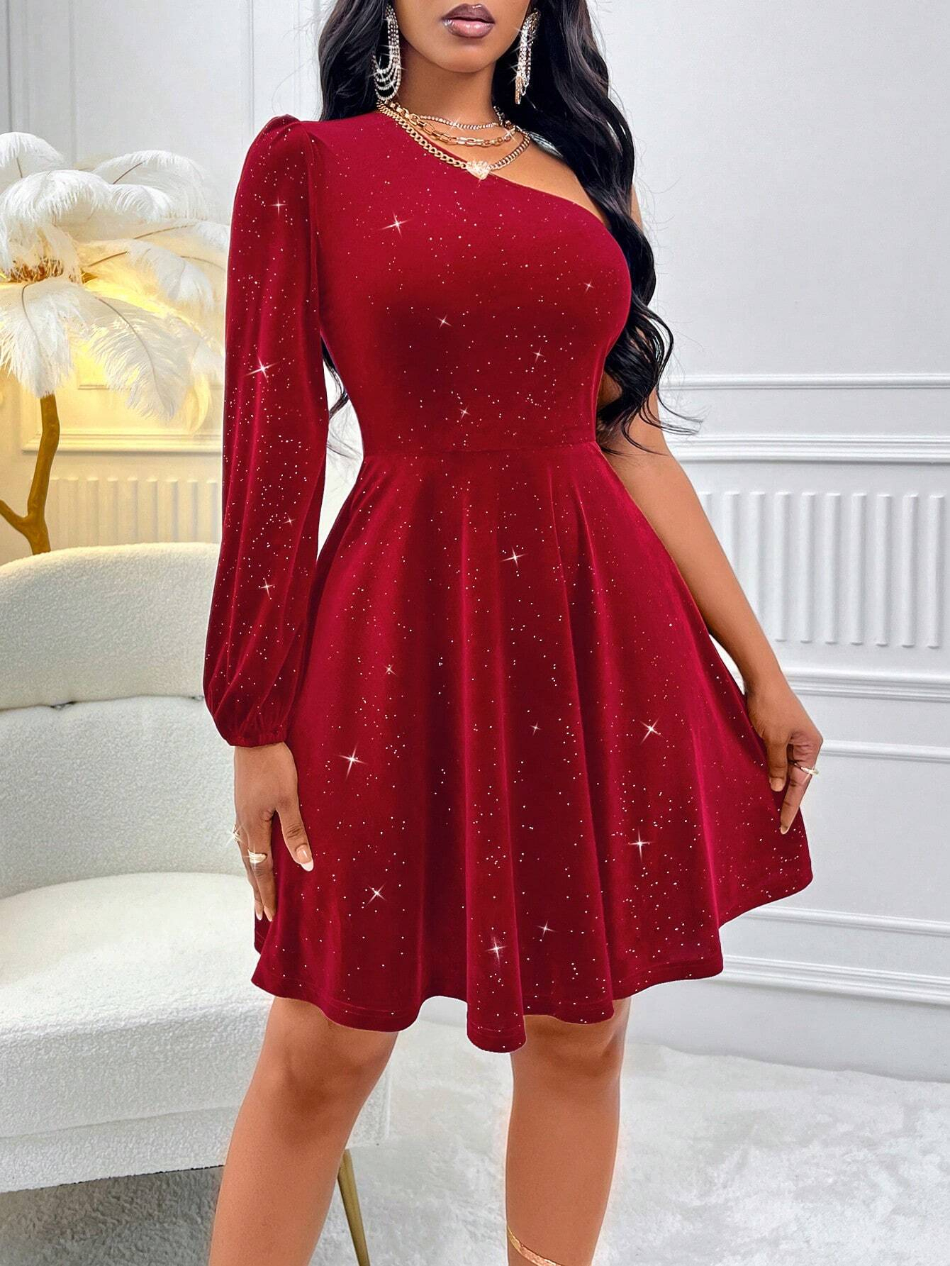 GXZ Glitter One-Shoulder Velvet Dress - A Showstopper for Evening Elegance