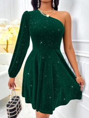 GXZ Glitter One-Shoulder Velvet Dress - A Showstopper for Evening Elegance