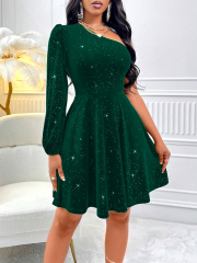GXZ Glitter One-Shoulder Velvet Dress - A Showstopper for Evening Elegance