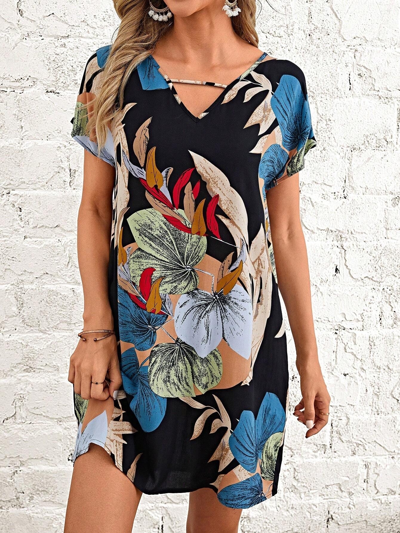 GXZ Tropical Print Chiffon Tunic Dress - Lightweight Elegance
