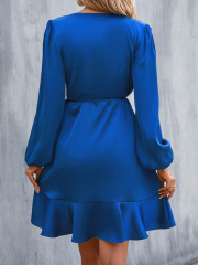 GXZ Elegant Royal Blue Wrap Dress with Ruffle Hem