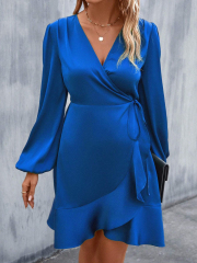 GXZ Elegant Royal Blue Wrap Dress with Ruffle Hem