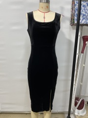GXZ Black Velvet Bodycon Dress with Side Slit - Sleek and Sophisticated