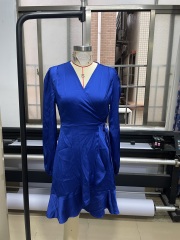 GXZ Elegant Royal Blue Wrap Dress with Ruffle Hem
