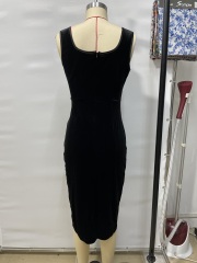 GXZ Black Velvet Bodycon Dress with Side Slit - Sleek and Sophisticated