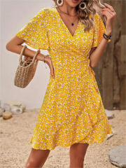 GXZ Women's Yellow Floral Wrap Dress – Effortless Summer Elegance