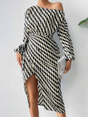 GXZ Black and White Off-Shoulder Geometric Wrap Dress