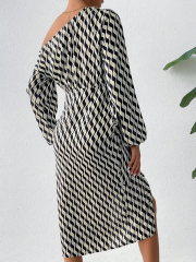 GXZ Black and White Off-Shoulder Geometric Wrap Dress