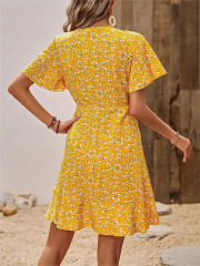 GXZ Women's Yellow Floral Wrap Dress – Effortless Summer Elegance