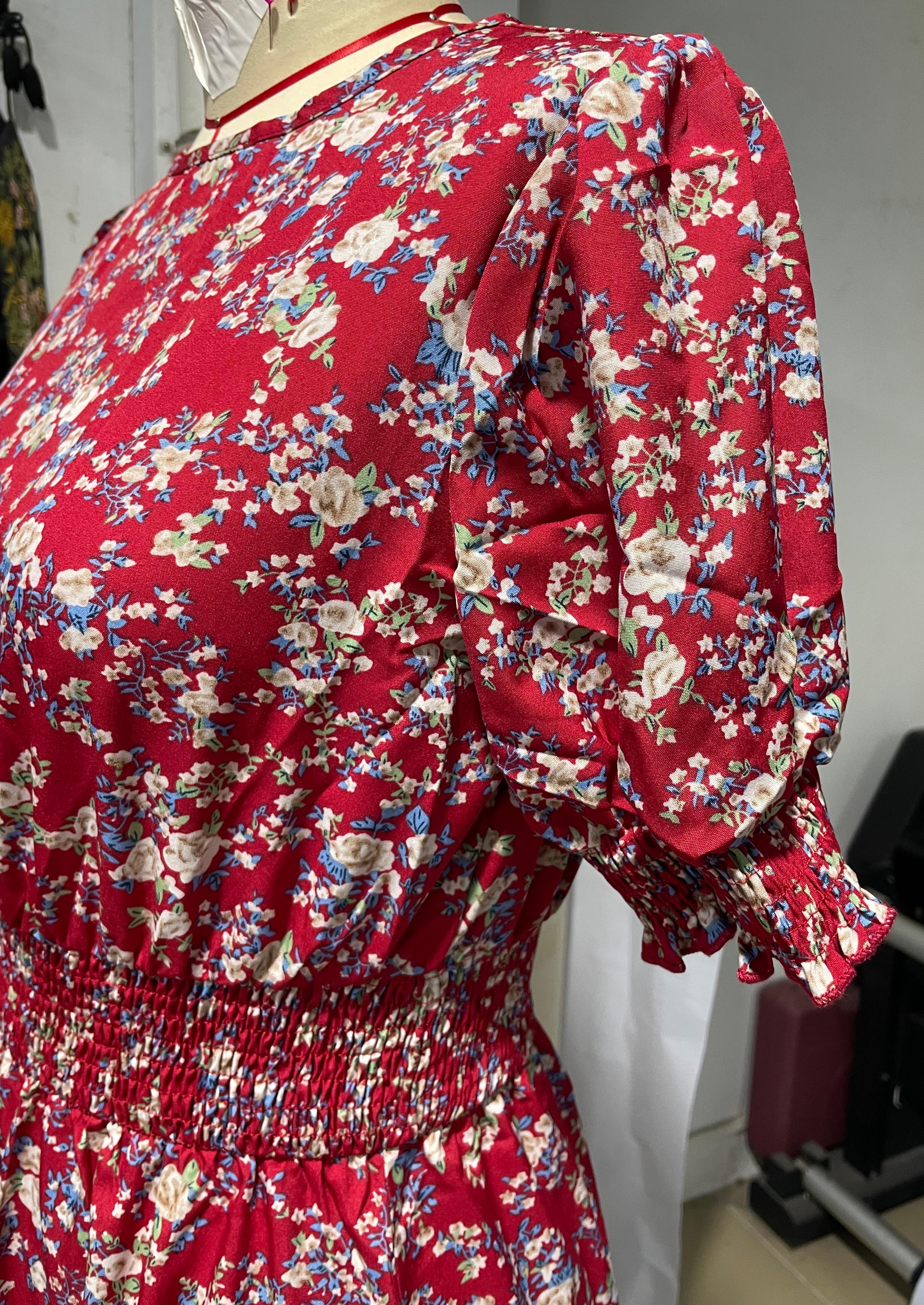 GXZ Red Floral Midi Dress – Timeless Elegance for Every Occasion