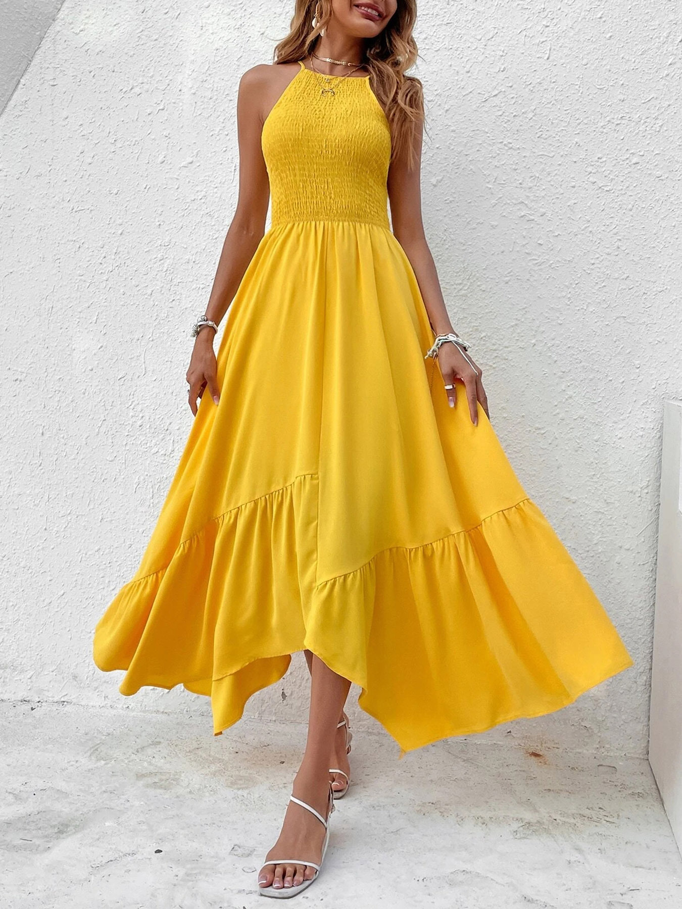 GXZ Women’s Yellow Halter Maxi Dress – Bold Elegance for Every Occasion
