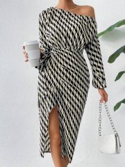 GXZ Black and White Off-Shoulder Geometric Wrap Dress