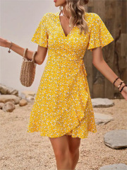 GXZ Women's Yellow Floral Wrap Dress – Effortless Summer Elegance