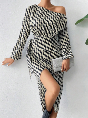 GXZ Black and White Off-Shoulder Geometric Wrap Dress