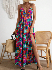 GXZ Women’s Colorful Floral Cut-Out Maxi Dress – A Vibrant Summer Statement