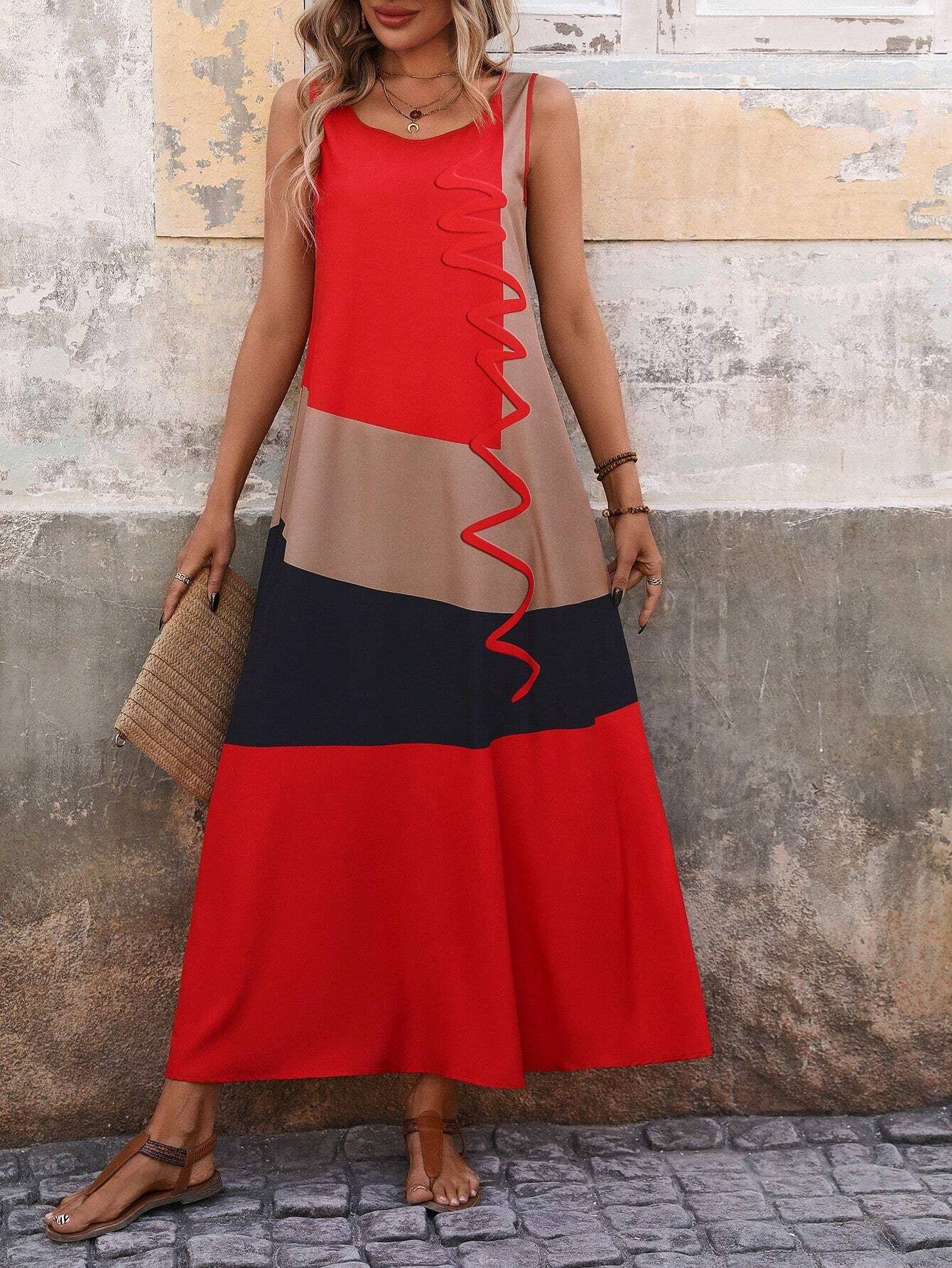 GXZ Women’s Colorblock Sleeveless Maxi Dress – Bold Elegance for Summer
