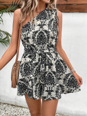 GXZ Women's One-Shoulder Printed Mini Dress – Chic and Bold