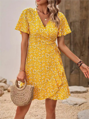 GXZ Women's Yellow Floral Wrap Dress – Effortless Summer Elegance