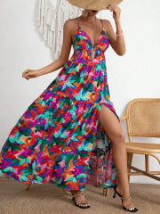 GXZ Women’s Colorful Floral Cut-Out Maxi Dress – A Vibrant Summer Statement