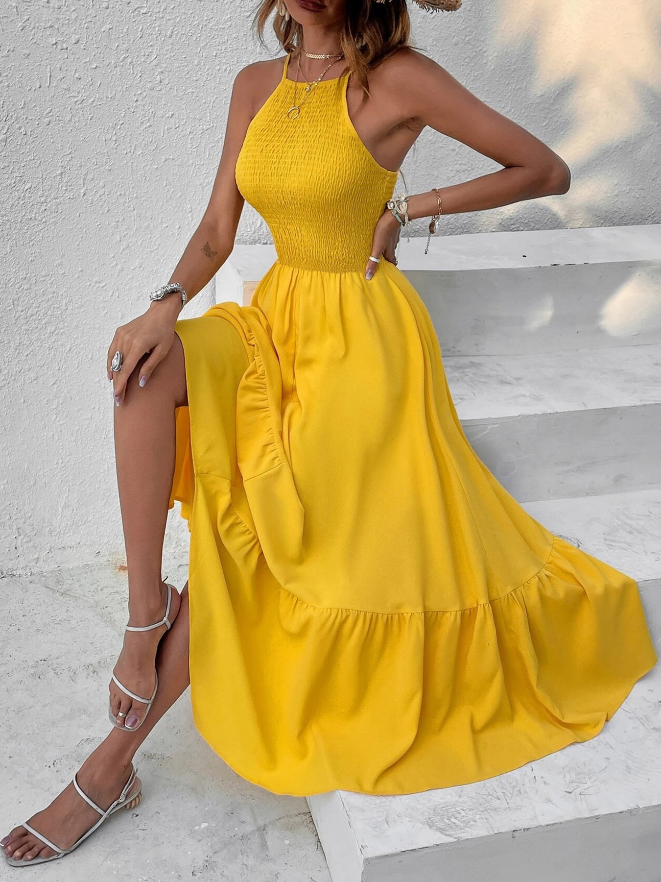 GXZ Women’s Yellow Halter Maxi Dress – Bold Elegance for Every Occasion